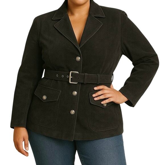 Vintage Jacquelyn Ferrar Size XL Black Suede Leather Belted Jacket Button Front - Picture 1 of 14